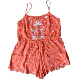 anthropologie coral Orange strappy romper embroidered boho scalloped hem small